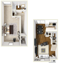 Floor plan for 1 bed, 1.5 baths, 1075 sqft